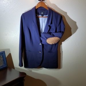 H&M navy blazer with "professor" elbow-patches.